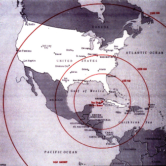 Mapa que muestra el alcance máximo de los misiles soviéticos desplegados en Cuba en 1962. Imagen de Dominio Público.