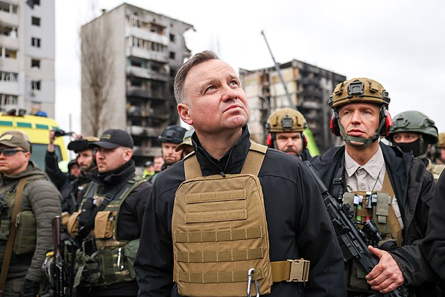 Andrzej Duda, President of Poland, travelled to Ukraine with the presidents of the Baltic states in 2022 to meet Volodymyr Zelenski in a demonstration of support for the Ukrainian president and his country. File licensed CCA-SA 4.0 International. Attribution: Kancelaria Prezydenta RP