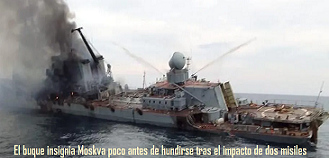 Crucero Moskva hundiéndose impactado por dos misiles