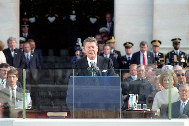 President Ronald Reagan Giving the Inaugural Address from the United States Capitol, 01/20/1981.