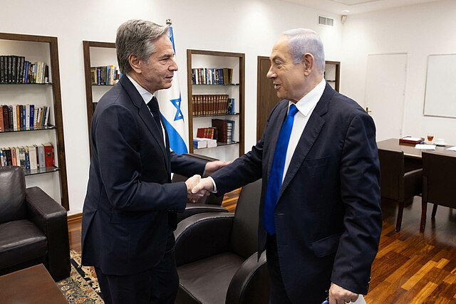 Secretary of State Antony J. Blinken meets with Israeli Prime Minister Benyamin Netanyahu in Tel Aviv, Israel, January 9, 2024. Image is in the Public Domain